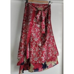 Red Silk Reversible Skirt Women's Flowing Midi Skirt Vintage Style Boho Skirt L